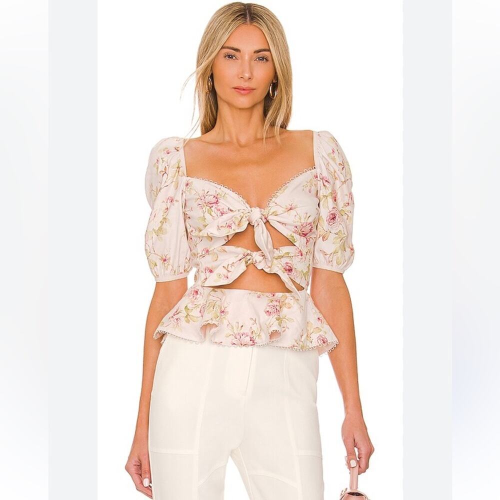 V. Chapman Pink Floral Tie-Front Peplum Blouse
